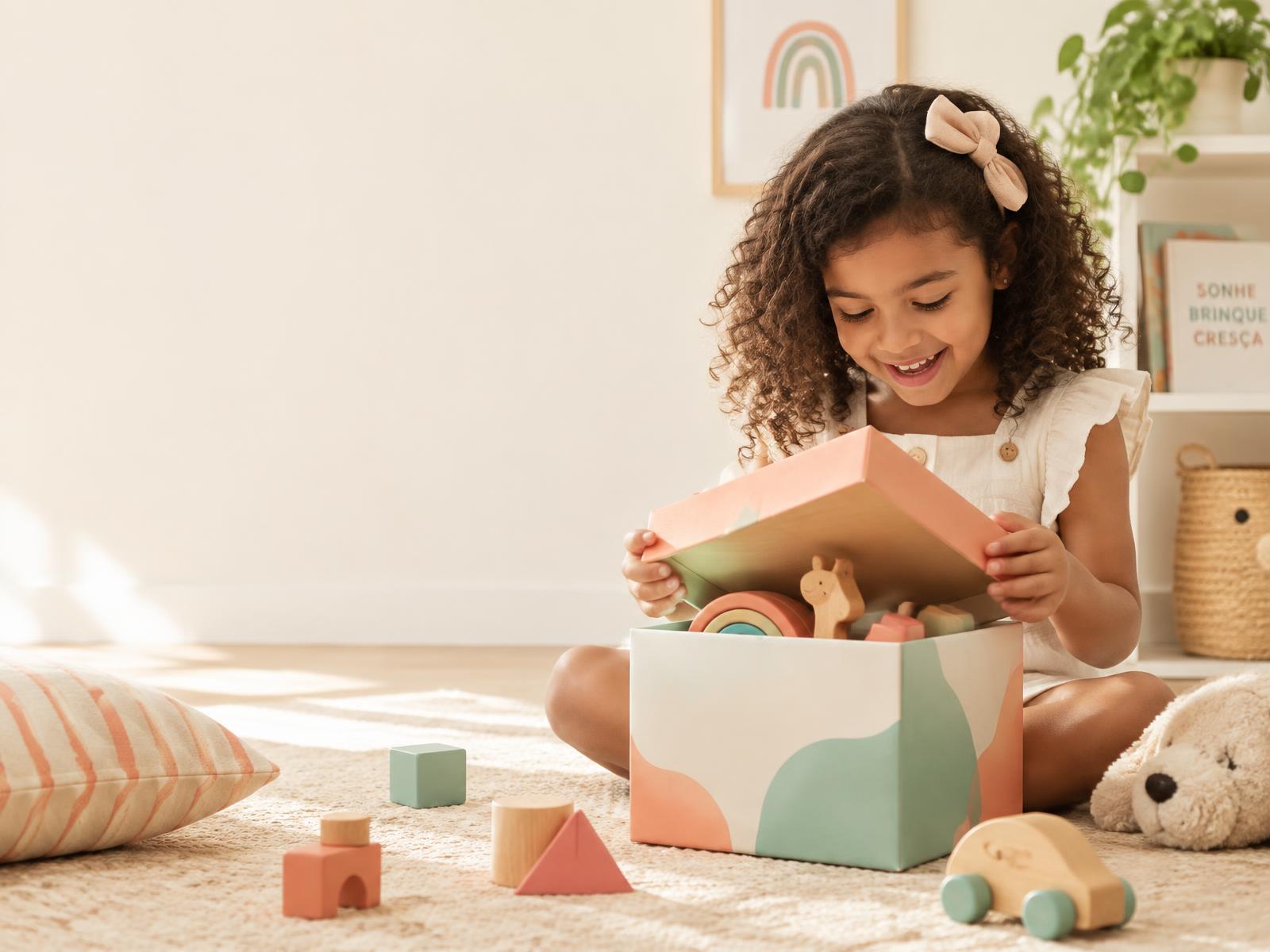 Criança abrindo uma caixa de presente com brinquedos de madeira
