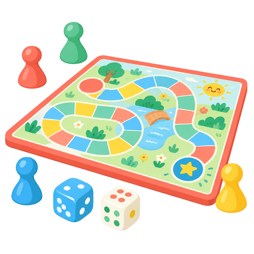 Ilustração genérica de jogo de tabuleiro com dados e peões para brincar em família, representando Jogo de Família Rápido — 15 minutos por partida